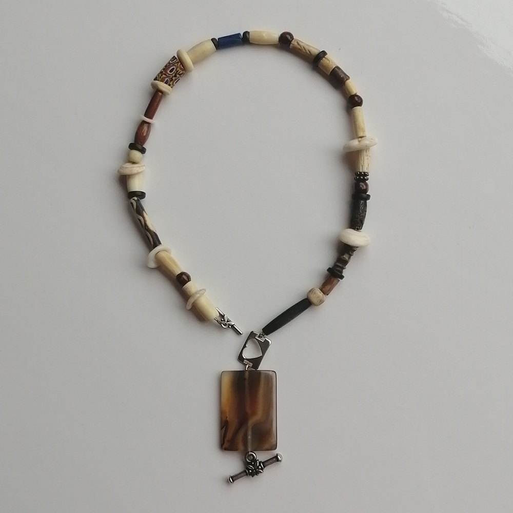 Vintage 925 St.Silver Agate Pendant Bone Wood Choker Handcrafted Necklace